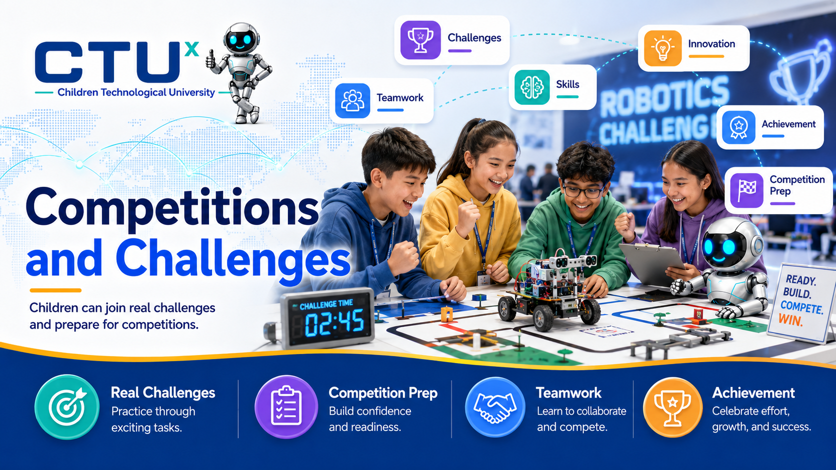 Competitions and Challenges — children join real challenges and prepare for competitions.