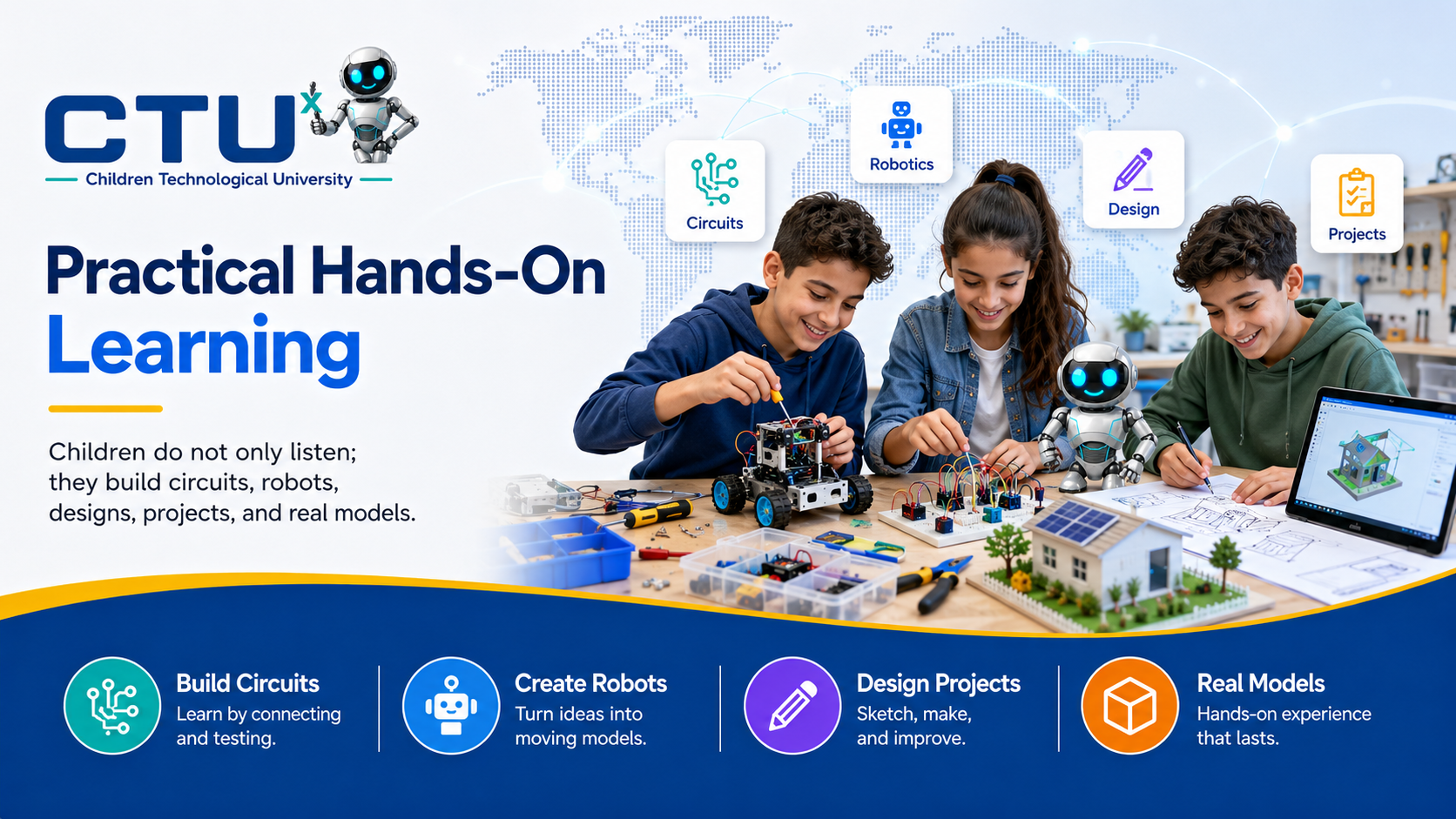 Practical Hands-On Learning — children build circuits, robots, designs and real models.