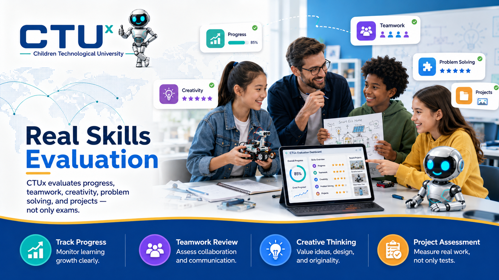 Real Skills Evaluation — progress, teamwork, creativity, problem solving and projects, not only exams.