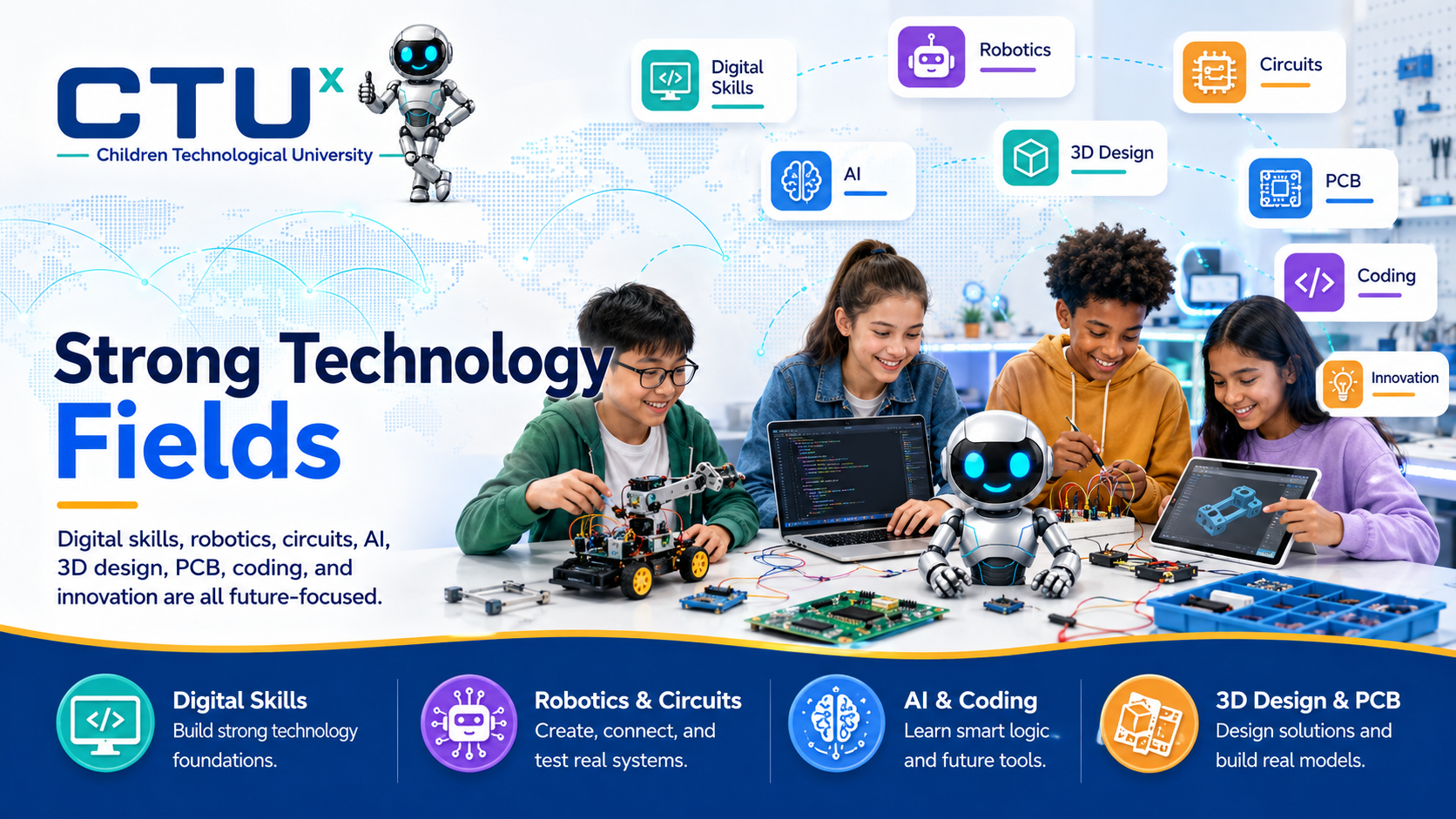 Strong Technology Fields — digital skills, robotics, circuits, AI, 3D design, PCB, coding and innovation.